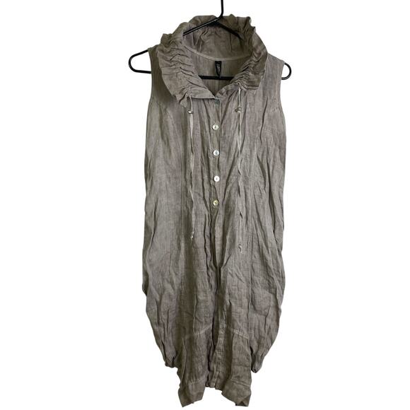 Inizio Vest Jacket Womens Large Taupe Linen Button Up Ruffle Tie Neck Lagenlook - Picture 1 of 7